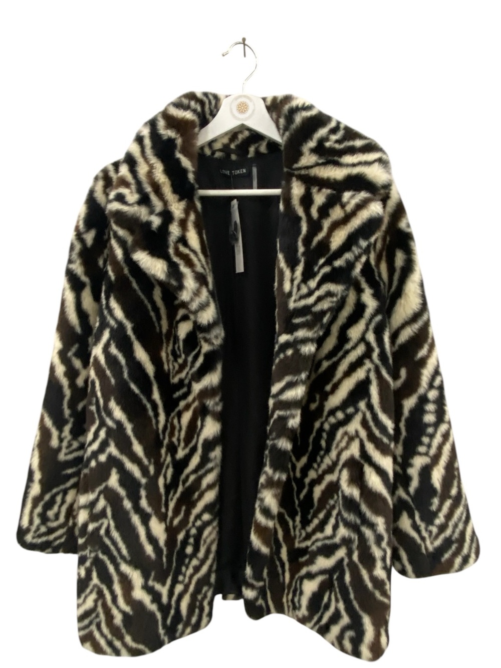 Love Token Black and Cream Faux Fur Zebra-Print Pea Coat